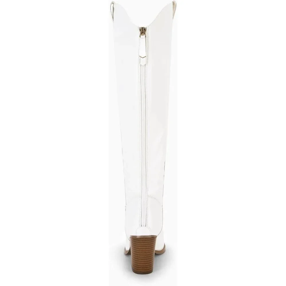 Women White Cowboy Knee High Boots Chunky Block Heel Square Toe Tall Riding Boot
